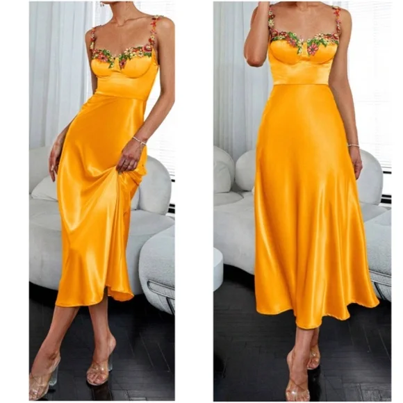 Luxe Floral Embroidered Satin Midi Evening party Midi Dress - Picture 4 of 9